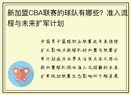 新加盟CBA联赛的球队有哪些？准入流程与未来扩军计划